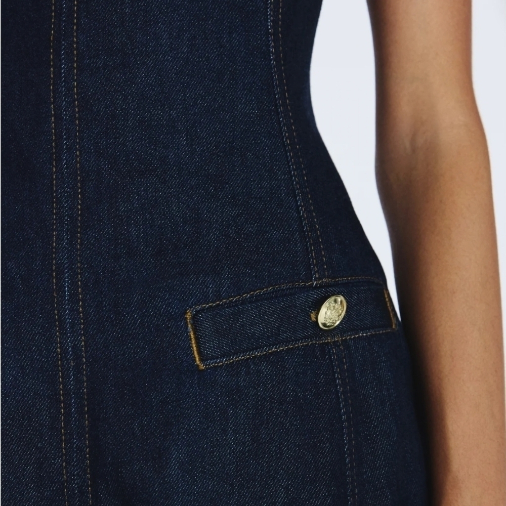 Free Assembly NEW Denim Mini Dress Gold Buttons 100% Cotton Dark Indigo - Picture 5 of 10